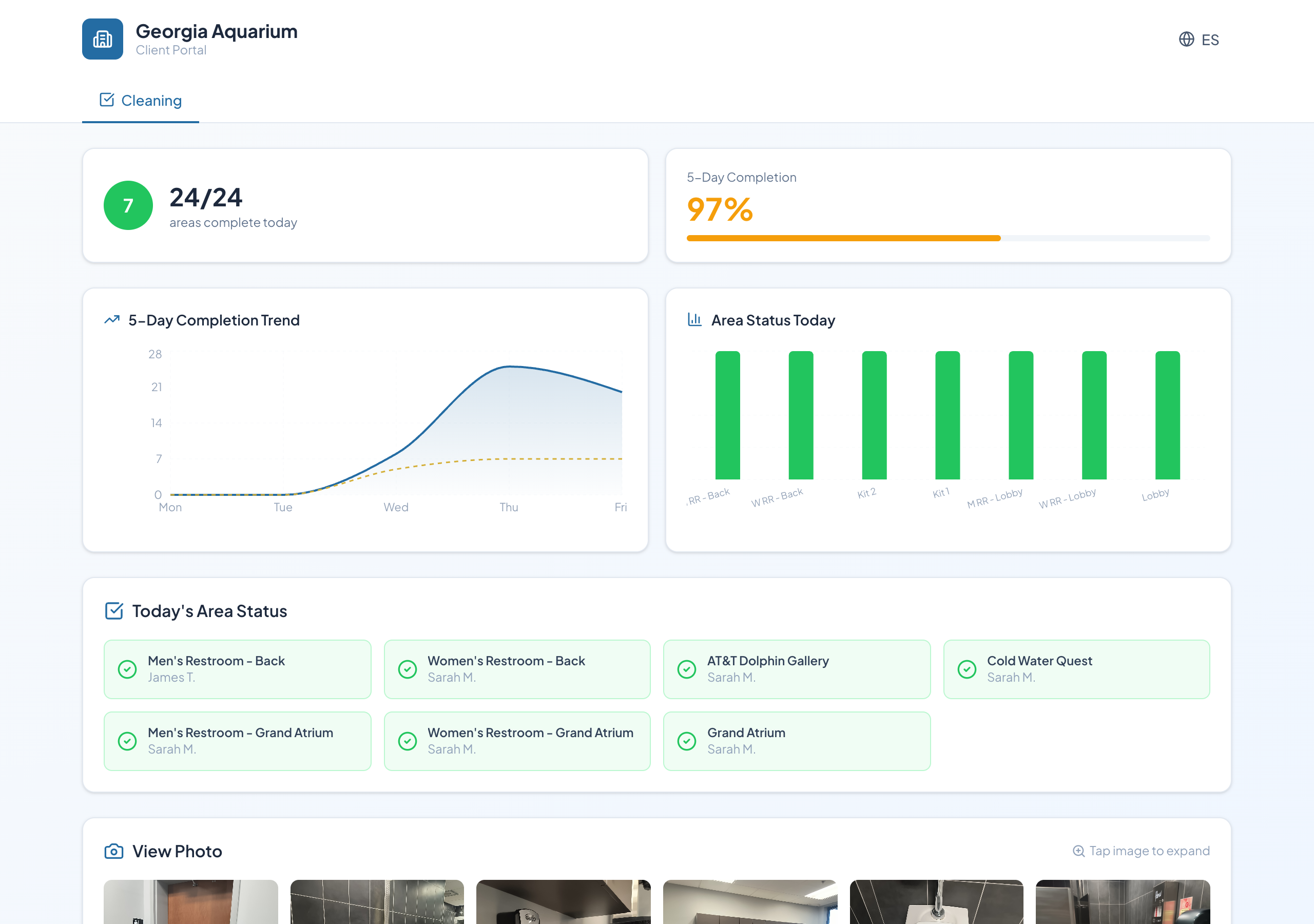 MillenniumOS Client Portal: real-time facility completion data, area status charts, inspection photos, and GPS-verified shift tracking