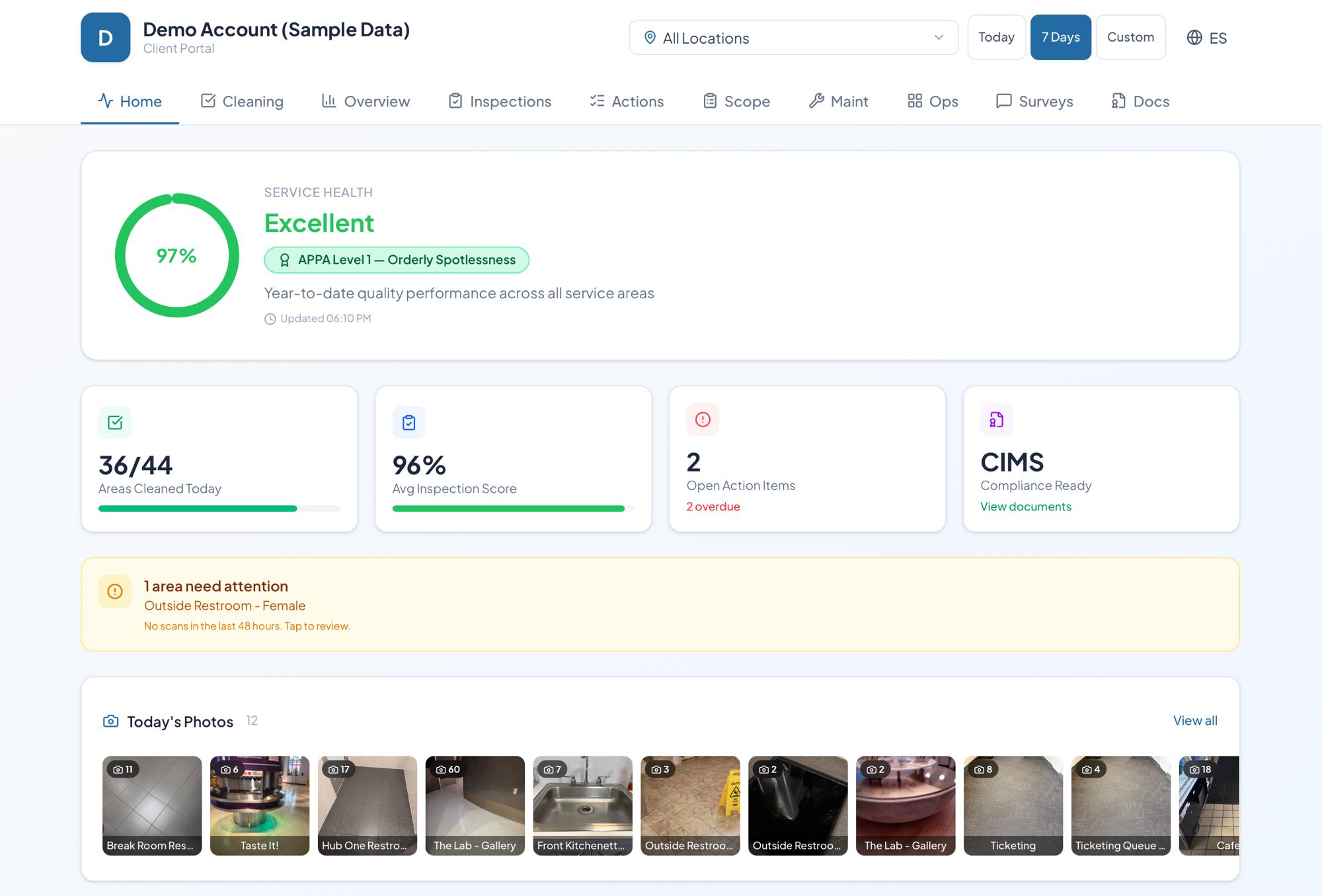 MillenniumOS Client Portal: real-time facility completion data, area status charts, inspection photos, and GPS-verified shift tracking